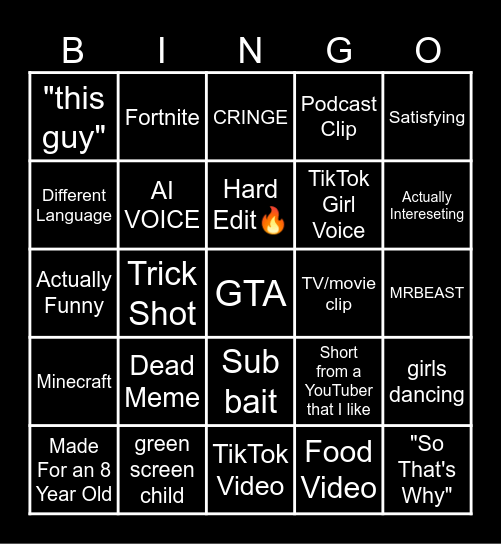 Youtube Shorts Bingo (Credits to Jack Massey Welsh!) Bingo Card