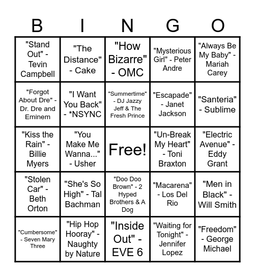 90's Music Bingo Round #3 Bingo Card