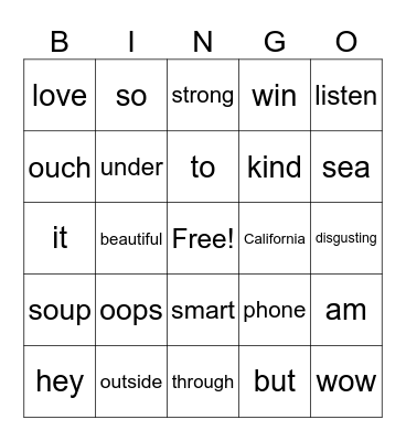 Parts of Speech Bingo Card