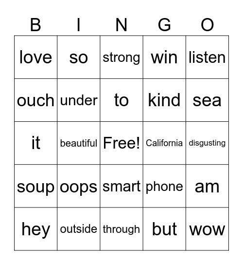 Parts of Speech Bingo Card