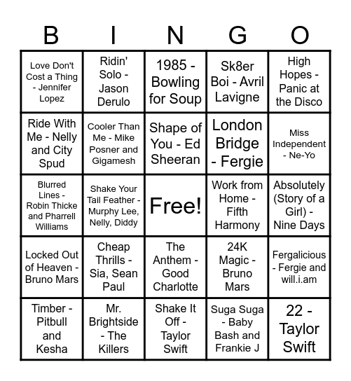 2000's Music Bingo Round #3 Bingo Card