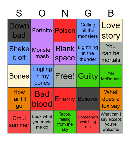 Song Bingo Card