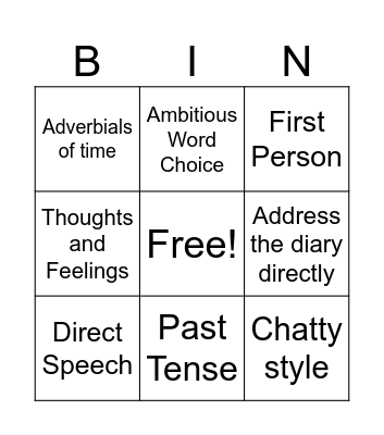 Diary Features Bingo Card