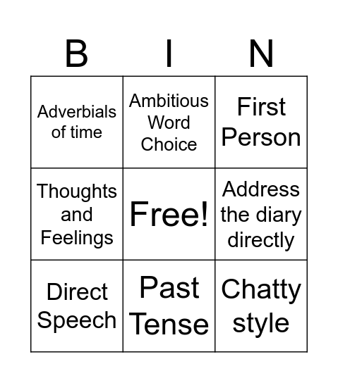 Diary Features Bingo Card