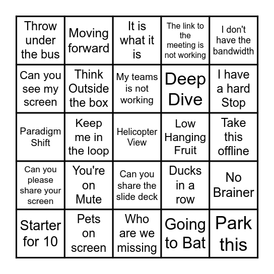 Online Meeting Cliche Bingo Card