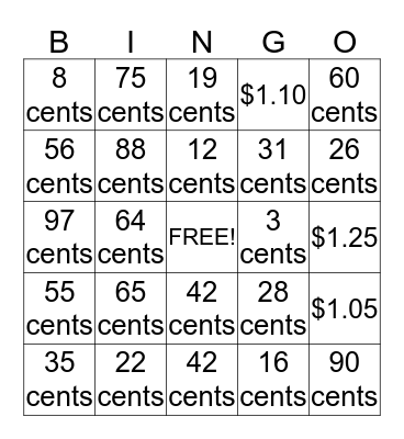 Counting Coins Bingo Card