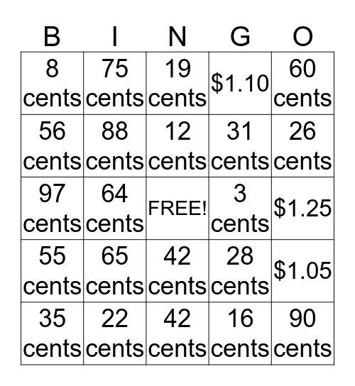 Counting Coins Bingo Card