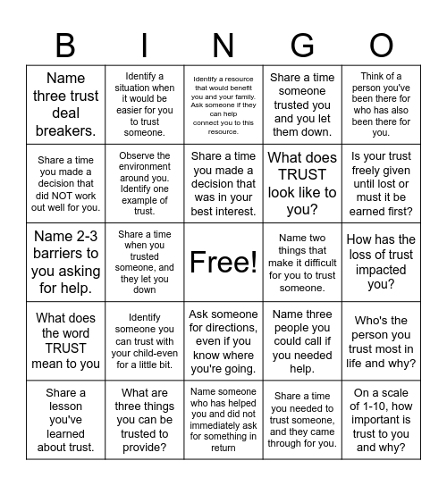 Trust Bingo Card