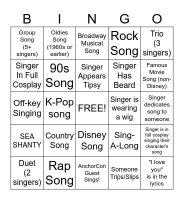Karaoke Bingo Card
