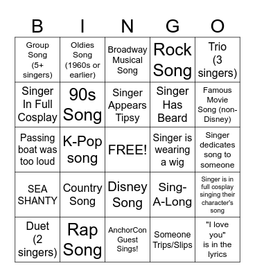 AnchorCon Cosplay Karaoke Bingo Card
