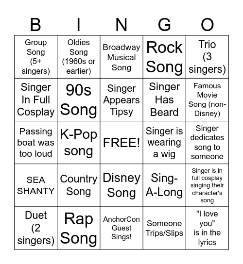 AnchorCon Cosplay Karaoke Bingo Card