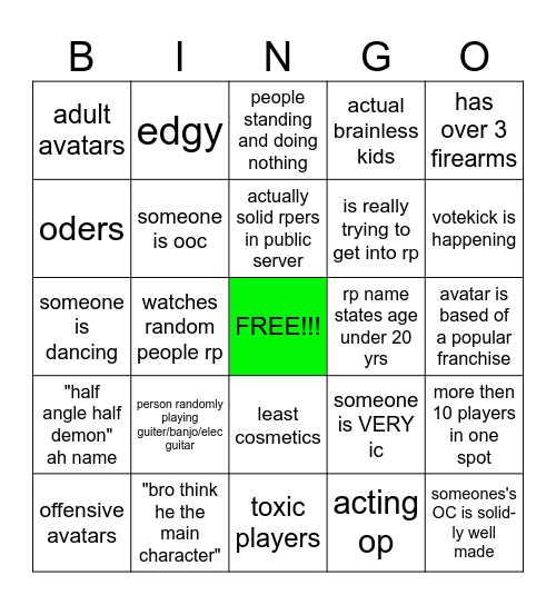 [roblox] the GZARP bingo Card