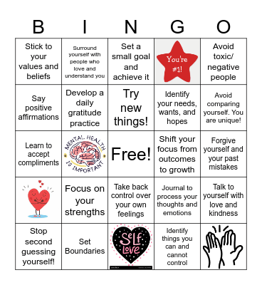 Self Esteem Bingo Card