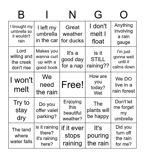 Rainy Day Bingo Card