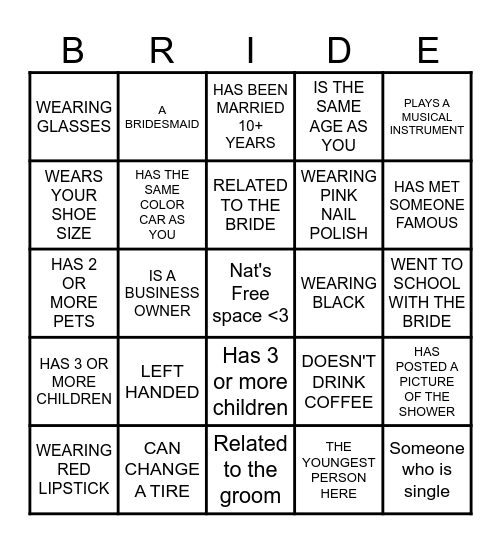 Nat's Bingo Game Bingo Card