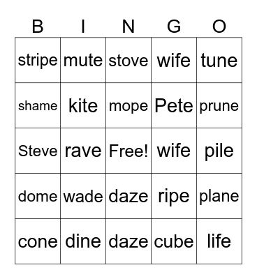 Silent e Bingo Card