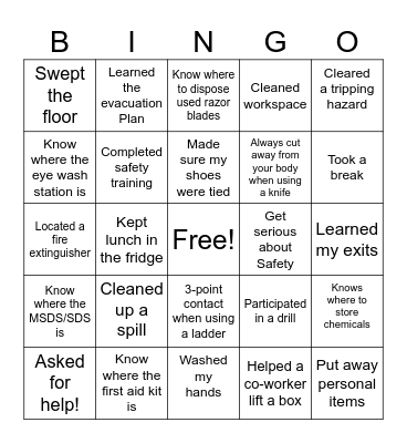 Workplace Safety Bingo Card