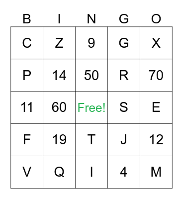Letters & Numbers Bingo Card