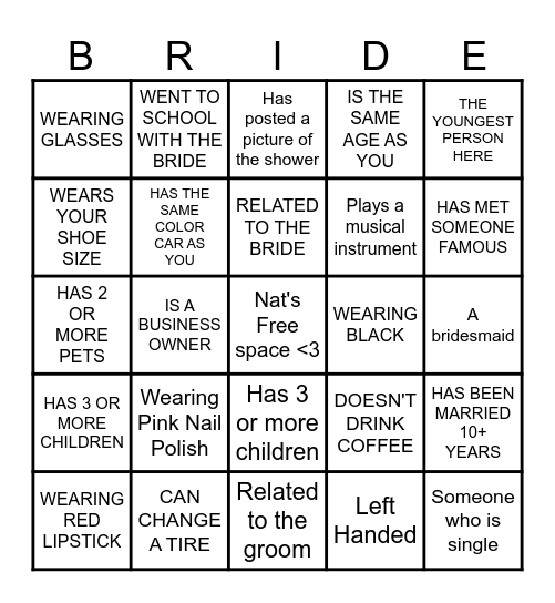 Nat's Bingo Game <3 Bingo Card