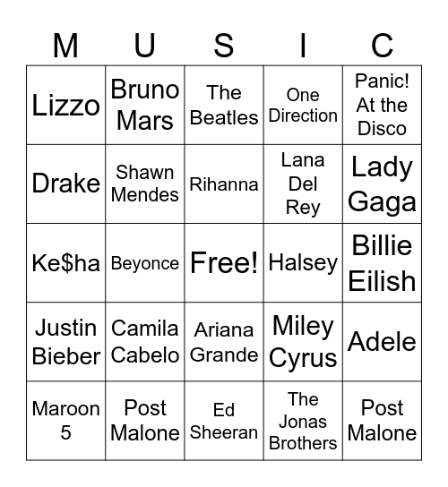 Bingo For Teens - Music Bingo Card