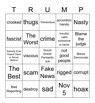 Trump Speech Bingo Card