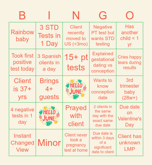 June Sonogo Bingo Card