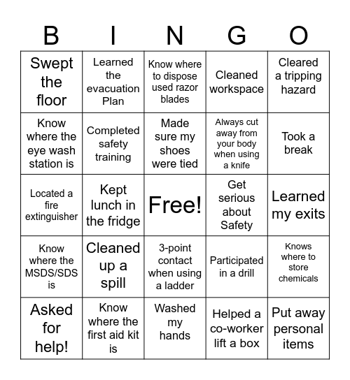 Workplace Safety Bingo Card