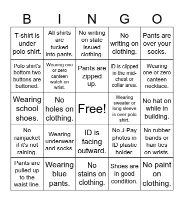 School Uniform Bingo Card