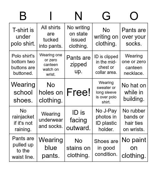 School Uniform Bingo Card