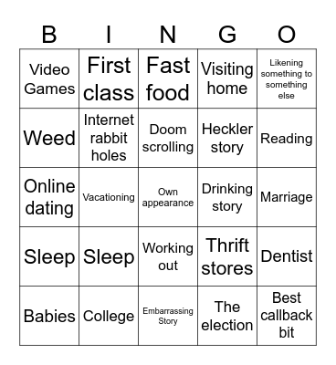 Stand Up Bit Bingo Card