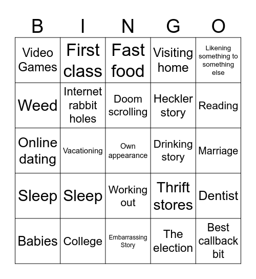 Stand Up Bit Bingo Card