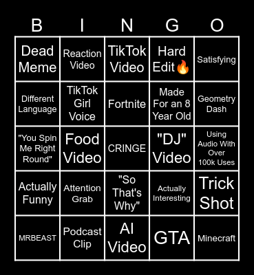 YouTube Shorts Bingo Card