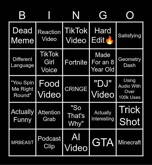 YouTube Shorts Bingo Card