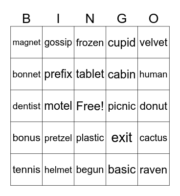 Closed/Closed and Open/Closed syllables Bingo Card