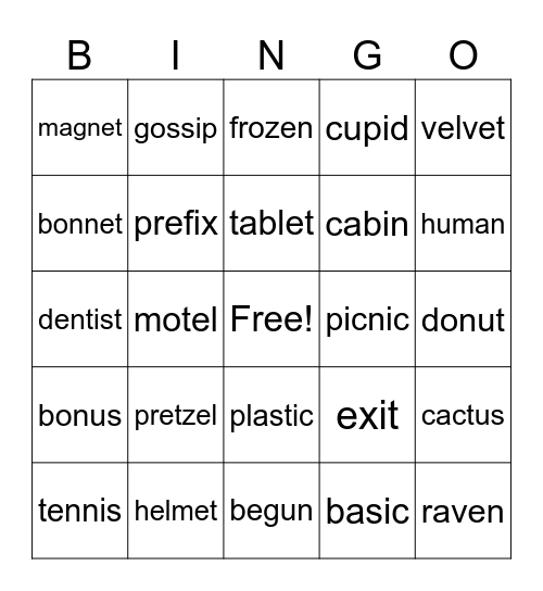 Closed/Closed and Open/Closed syllables Bingo Card