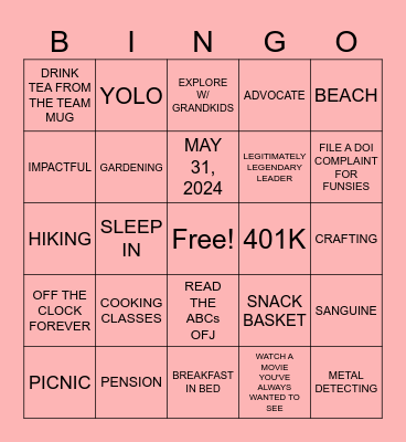 JULIE'S RETIREMENT BINGO Card