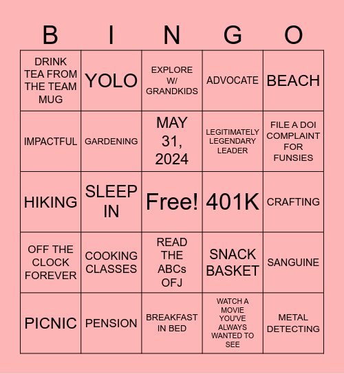 JULIE'S RETIREMENT BINGO Card