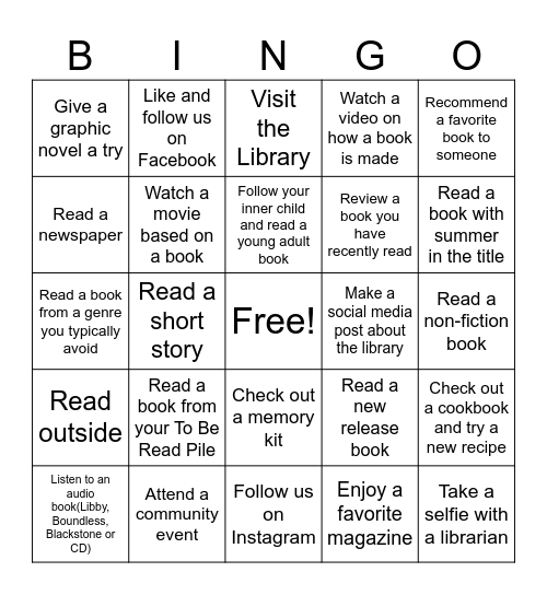 Adult Summer Reading Challenge Bingo Card