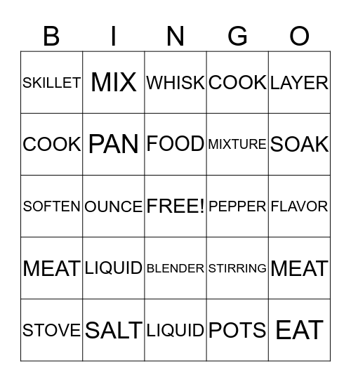 RECIPE WORDS Bingo Card