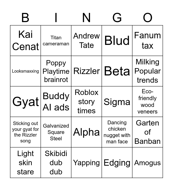 YouTube Shorts Brainrot Bingo Card