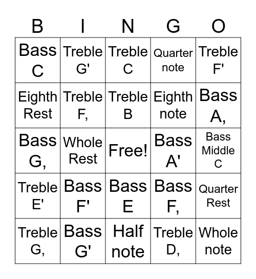 Note Name Bingo Card