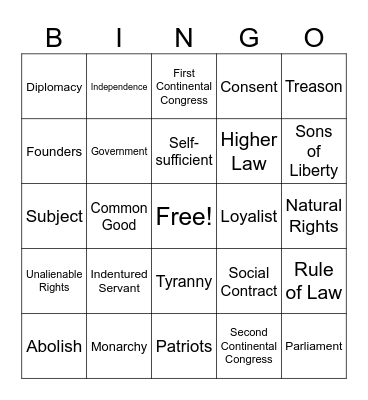 American Revolution Bingo Card