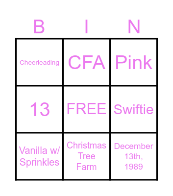 Mykah's ERAS Tour Bingo Card