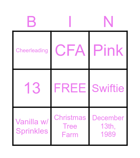 Mykah's ERAS Tour Bingo Card