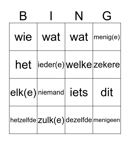 Woordsoorten bingo Card