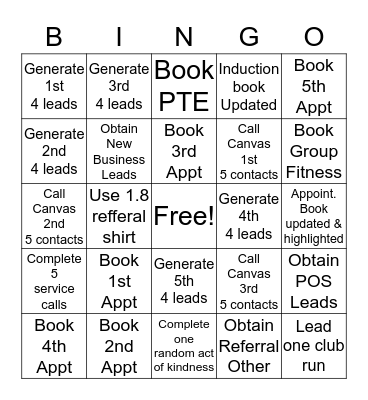 World Class Fitness Advisor Bingo Card