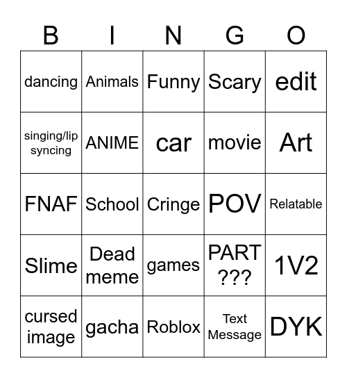 YT SHORTS Bingo Card