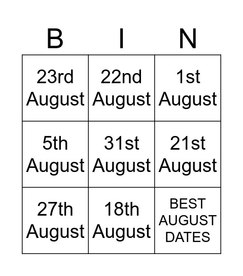 August Dates Bingo Card