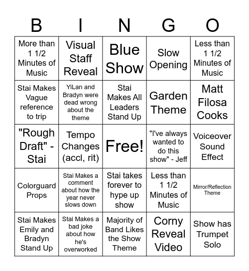 Marching Band Info Night Bingo Card