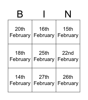 FEBRUARY DAYS Bingo Card